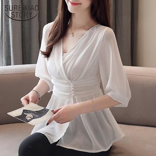Summer Korean V-neck Kimono Women Blouse Office Lady Short Sleeve Long Chiffon Womens Shirts Plus Size Cardigan Lady Tops 9207