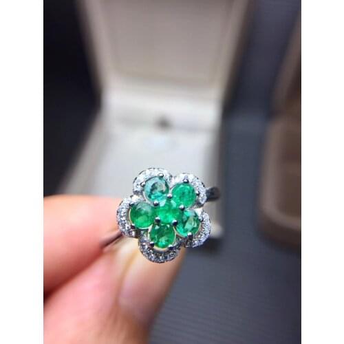 Flower Natural emerald ring Free shipping 925 sterling silver 3mm*6pcs gemstone Fine jewelry