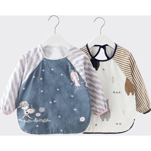 Cartoon Long Sleeve Baby Bibs Cotton Waterproof Reversible Bandana Bibs Children Eating Drawing Apron Baby Feeding Burp Cloth