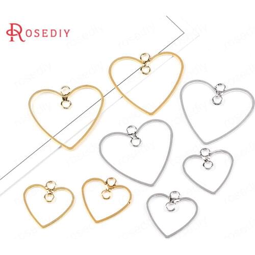 F566)10 pieces 2.1x2.1cm 3.2x2.9cm 24K Gold Color Brass Heart Shape Earring Connector Charms Diy Jewelry Findings Accessories