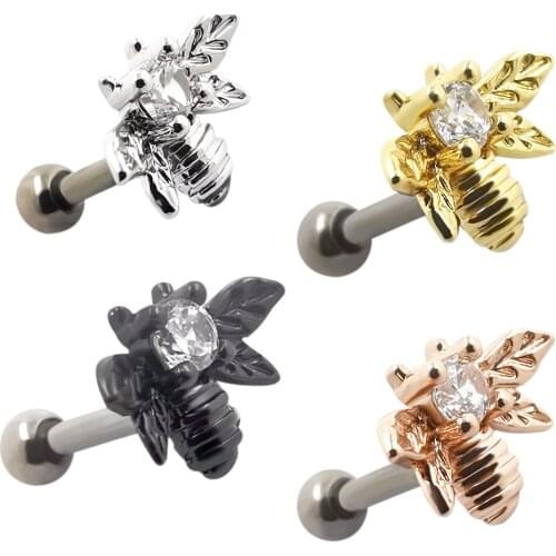JHJT 16G Cartilage Earring G23 Titanium Labret Helix Ear Studs Little Bee Barbell Bar Ear Piercing Lip Body Piercing Jewelry