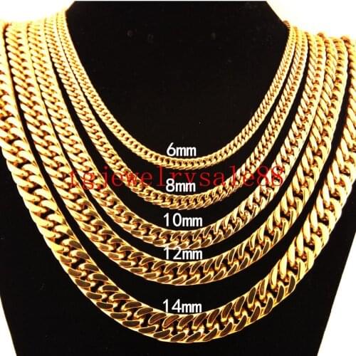 6/8/10/12/14/17mm Gold Color Stainless Steel Cuban Curb Link Chain Bracelet/Necklace For Charm Men Xmas 7-40inch