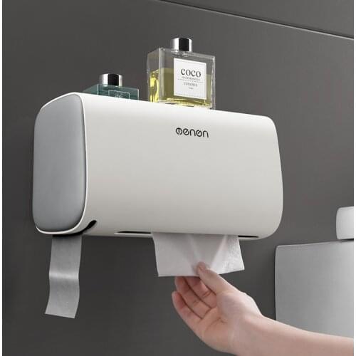 Punch-Free Multifunctional Toilet Paper Holder with Double Door Tissue Box Built-In Trash Bag Storage Rack Bathroom Accessories