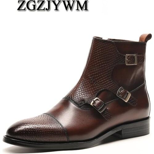 ZGZJYWM New Cowhide Pointed Toe Genuine Leather Black/Brown Mens Zipper Work Bullock Patterns Oxford Dress Shoes For Men Boots