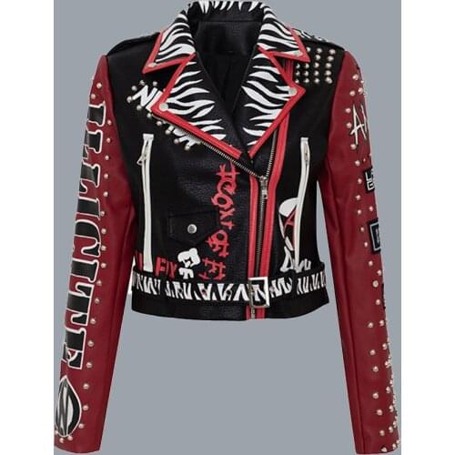 Autumn Winter New Coat Western Badge Rivet Graffiti Leather Jacket Short Slim Locomotive Woman Punk Chic Pu Punk Jacket Gothic