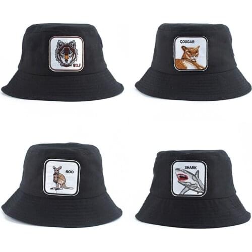 Animal Embroidery Bucket Hat Fisherman Black Hat New Leisure Flat-top Hat Bear Wolf Shark Eagle Pattern Fashion Adult Hat