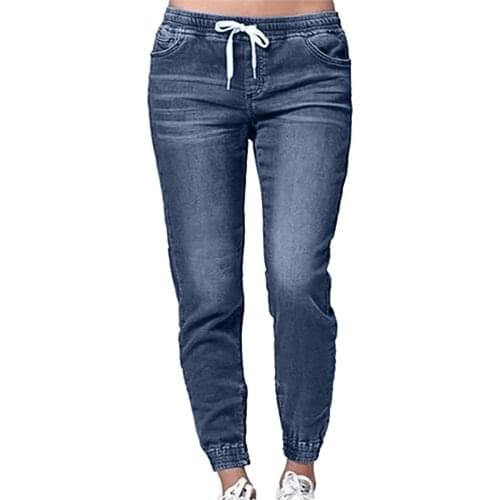 Plus Size Elastic Waist Jeans Women’s Mid Waisted Poket Lace Up Lantern Jeans Pants Casual Denim Trousers Mom Jean Pantalones