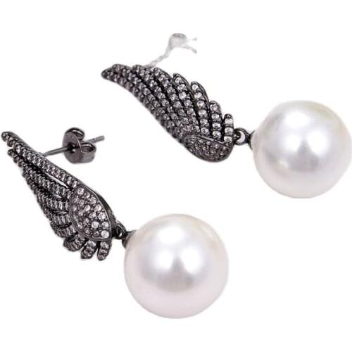 JK Natural 14mm White Round Sea Shell Pearl Gunmetal Color Plated White Cubic Zirconia Pave Earrings