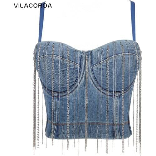 Sexy sling tassel stitching diamond luxury corset women camisoles backless spaghetti cropped tops Street skinny tank tops female