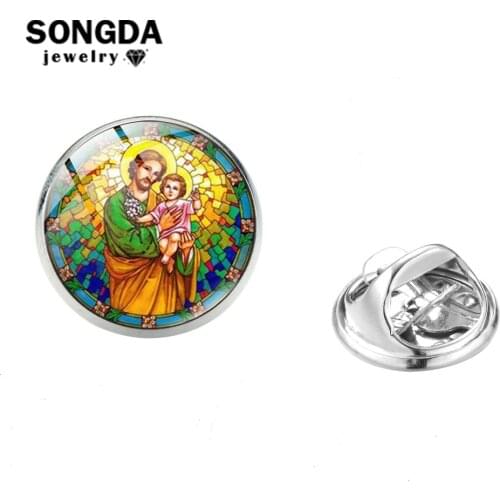 SONGDA Holy God Jesus Lapel Pins Catholic Christian Painted Art Pattern Glass Cabochon Stainless Steel Pin Bag Clothing Jewelry