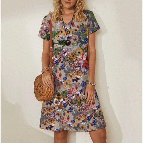 Vintage Print Dresses Women Round Neck Short Sleeves Casual Style Dress Beachwear dresses for women party classy Sexy dress