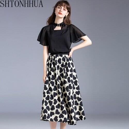 High Quality New Arrival Women O-Neck Flare Sleeve Black Shirt+ High Waist Love Print Mid-Calf Skirt Fashion Vintage Women Set