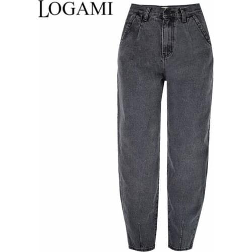 LOGAMI Harem Pants Womens High Waist Boyfriend Jeans for Women Autumn Winter Thick Denim Jeans Dark Grey