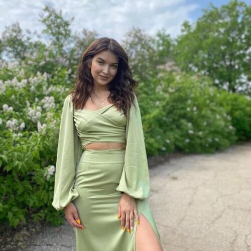 HIGH QUALITY Newest 2021 Summer Fashion Womens Satin Lantern Sleeve Short Top Split Long Skirt Two-Piece Set
