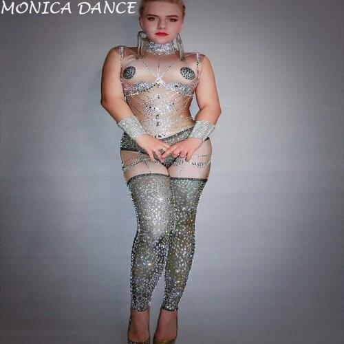 Women Sexy Nude Rhinestones Jumpsuit Sleeveless Dance Bodysuit Female Costume Nightclub Womens Prom Party Stage Show Jumpsuit