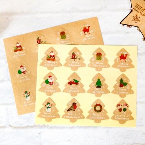 108pcs Christmas Tree Kraft Paper Stickers Santa Claus Cute Deer Merry Christmas Gift Stickers DIY Packaging Sealing Labels