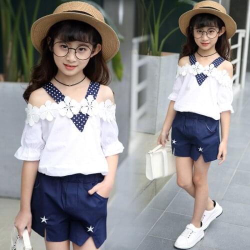 2019 Summer kids clothes for girls sets children clothing set cotton t shirt+shorts two-piece suits girls clothes 2 colors 3-15Y