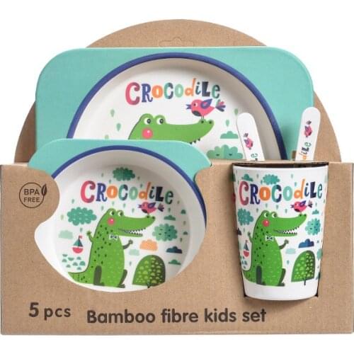 5Pcs Child Dinner Set Plates And Dishes Bamboo Cutlery Animal Cartoon Kids Spoon Fork Set Eco Friendly Products Cute Dinnerware