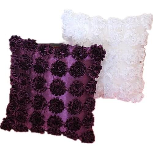 Free Shipping 3D Floral Embroidery Throw Pillow Case Solid Color Satin Flower Cushion Cover Home Decor No Core HT-PSEC-05