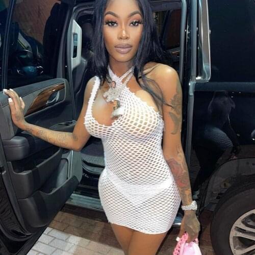 BKLD Autumn Clothes Women 2021 New Irregular One Shoulder Hollow Out Mesh Perspective Sexy Nightclub Bodycon Mini Dress