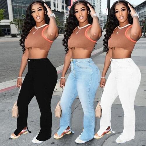 2021 Fall New Women Fashion Split Flare Jeans High Waist Denim Boot Cut Pants Street Casual Trendy Trousers S-3XL Drop ship