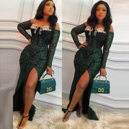 Hunter Full Lace Evening Dresses Mermaid Off Shoulder Beads Sequins Side Split Long Sleeves Prom Dress Plus Size Aso Ebi Gowns