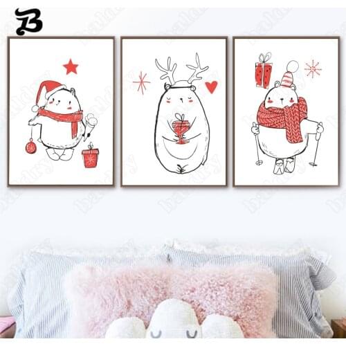Canvas Painting Cartoon Cute Bear Penguin Line Art Nordic Snowman Posters and Prints Wall Art Pictures for Kids Baby Room Decor
