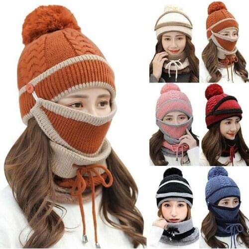 3PCS Women Girls Hat Bobble Scarf Mask Set Warm Suit Soft Knitted Winter Warm Snow Ski Cap Outdoor Sports Cycling Ear Protection