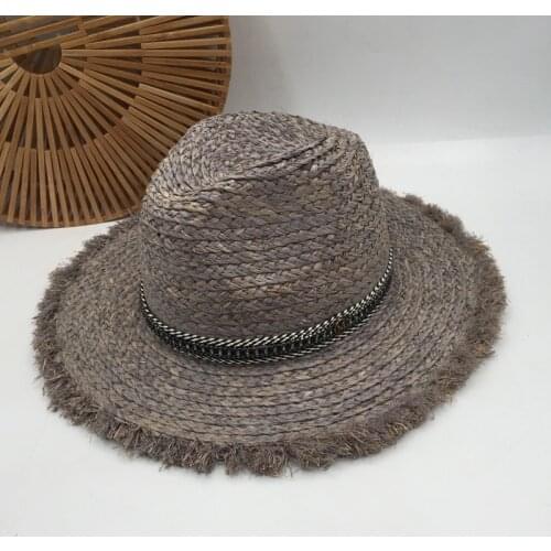 Seaside holiday sunshade hat grey British female lafite grass retro jazz big hat brim sun hat in the summer