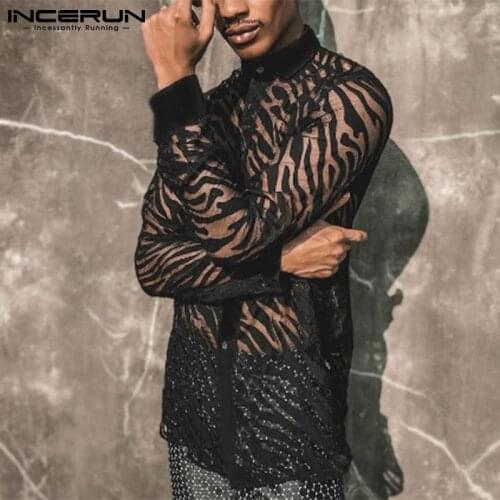 Men Mesh Shirt Printing 2021 Lapel Long Sleeve Streetwear See Through Camisa Masculina Sexy Party Nightclub Casual Tops INCERUN