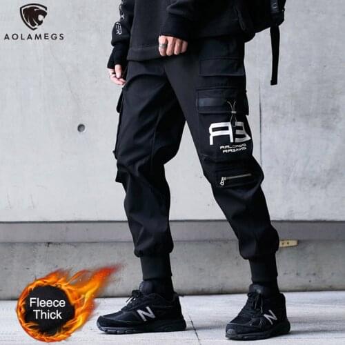 Aolamegs Men Pants Hip Hop Joggers Cargo Pants Streetwear Autumn Winter Fleece Trousers Hip Hop Loose Casual Tactical Pants