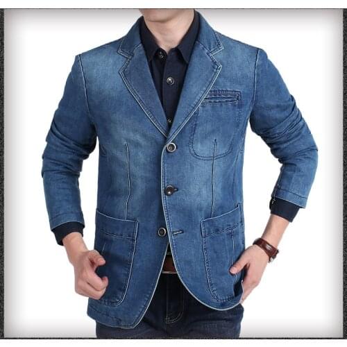 2021 Hot Mens Denim Blazer Cotton Vintage Suit Slimmer Jacket Slim Jeans Blazers Coat Long Sleeve Fashion Versatile Temperament