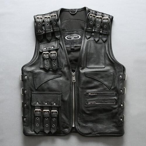 Genuine Mens Adjustable Motorcycle Vest Real Cowhide Leather Sleeveless Jackets Detachable Biker Waistcoat High Quality