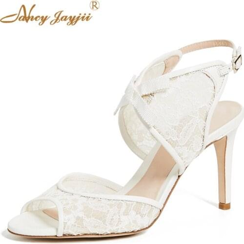 Nancyjayjii Women shoes Ladies sandals Adult White Lace Super High Thin heel Ankle-Strap Buckle Strap Solid Sexy Mature Party
