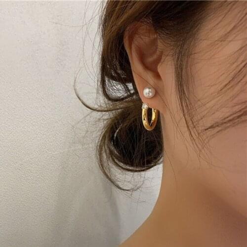 New Trendy 2021 Elegant Pearl Zircon Beads Inlaid Gold C Stud Earrings For Women Japanese Korean Fashion Charms Ear Jewelry Gift
