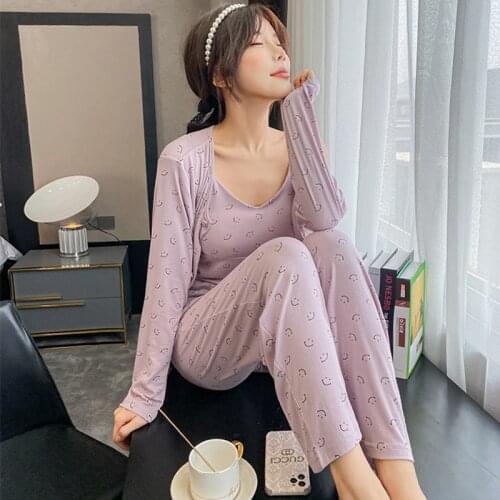 Autumn Winter Pajamas Women New Korean Long-Sleeved Trousers Suspenders 3 Pcs Set Casual Home Service Modal Pyjamas Female