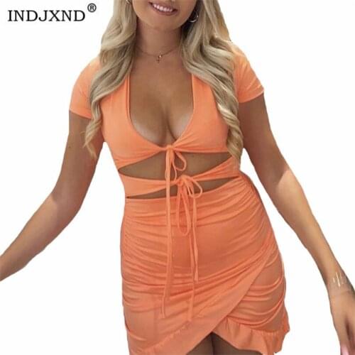 INDJXND Boho Dress Women Summer Ruffles Cut Out Design Elegant Fashion V-Neck Party Mini Ladies Holiday Beach Hollow Out Clothes