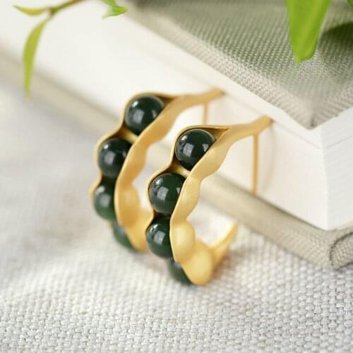 Hetian Jade Retro Hong Kong Style Earrings Womens Elegant Lentil All-Match Earrings Cold Style High-Grade Sterling Silver Gold