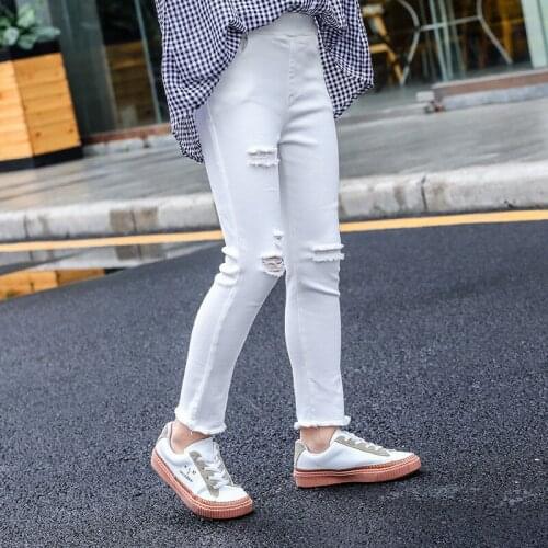 Kids Girls White Hole Pencil Pants 8 10 yesars Cotton Leggings Teenage Girls Trousers Elastic Leggings