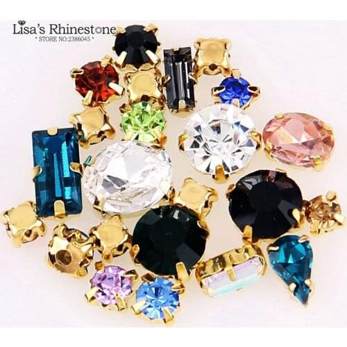 Mix Color Shapes Sew On Rhinestone Glass Crystal with Gold Claw Setting Strass Diamond Stones DIY Wedding Dress Decoration
