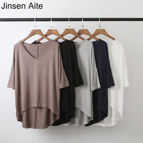Jinsen Aite Women 2019 NEW Spring Summer Modal Bat Sleeves V-Neck Shirt Loose Casual Solid Shirt Plus Size Camisetas Mujer JS794