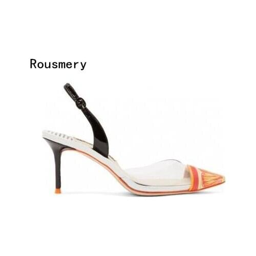 Rousmery Summer Style Orange Print Pointed Toe High Heel Sandals Slingbacks Women Sandals 2017 Transparent Sandals