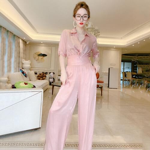Euro-America Style Women Suits Summer Casual Solid Cupro Turn-down Collar Elastic Waist Straight Full Length 2 Pic Set Sweet
