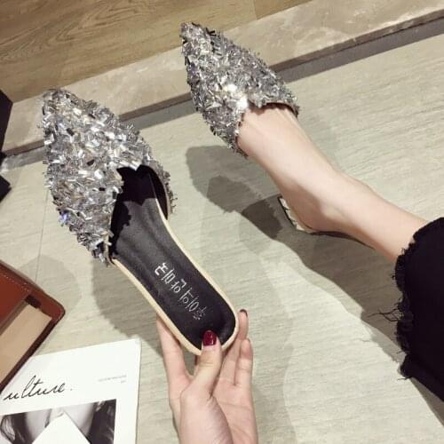 Korean version of the wild sequins crystal with pointed toe head Muller shoes wear wet water word drag women