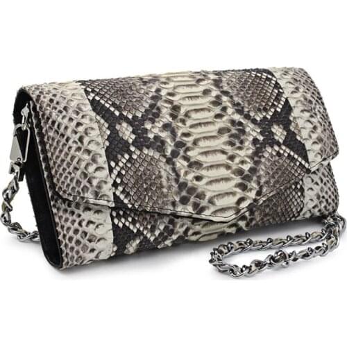 Authentic Python Leather Womens Serpentine Envelop Evening Purse Genuine Snakeskin Female Cross Shoulder Bag Lady Phone Clutch