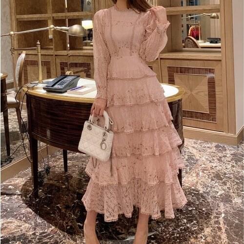 Pink Lace Embroidery Maxi Dress Female spring Winter Full sleeve high waist Ruffle elegant Long party dresses Woman 2021