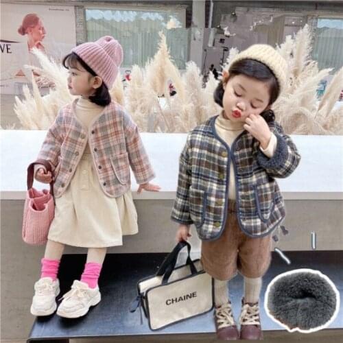 Winter Toddler Girls Jackets 2021 New Korean Plaid Plus Velvet Kids Coats Fashion Thicken Warm Woolen Coat For Girl Baby Outwear