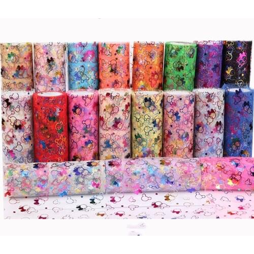 15cm 10yards Cartoon Gold Foil Organza Roll Tulle Fabric Gauze Ribbon Roll by the Yard for Tutus Bows Gifts Packages