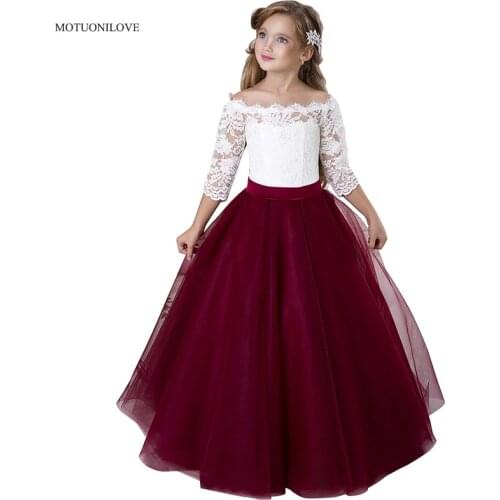 2019 Summer Girls Dress Boat Neck Bare Shoulders 3/4 Sleeves Lace Burgundy Toddler Little Kids Clothing Party Flower Girl Dress