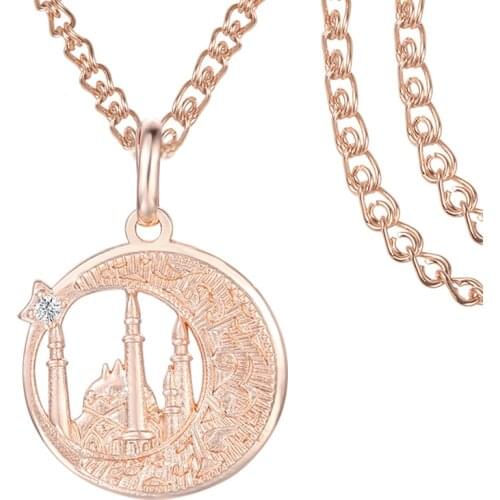 FJ Women Men Jewelry Round Religion Castle 585 Rose Gold Color Pendant One Crystal Necklace Chains